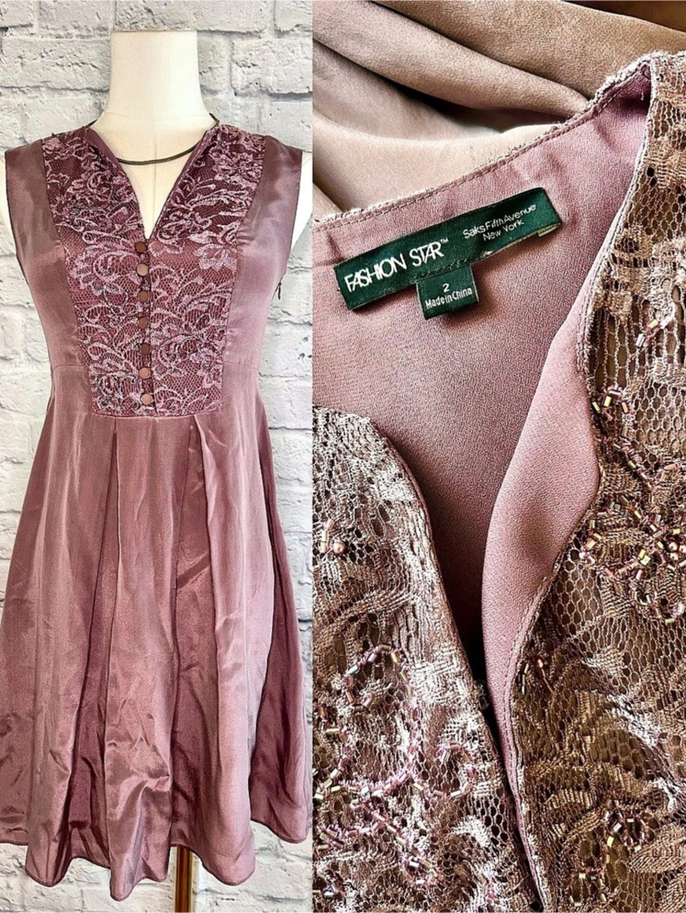 100% Silk Beaded Lace Dress Saks 5th Ave Floral Plum Flowy Evening Date Party